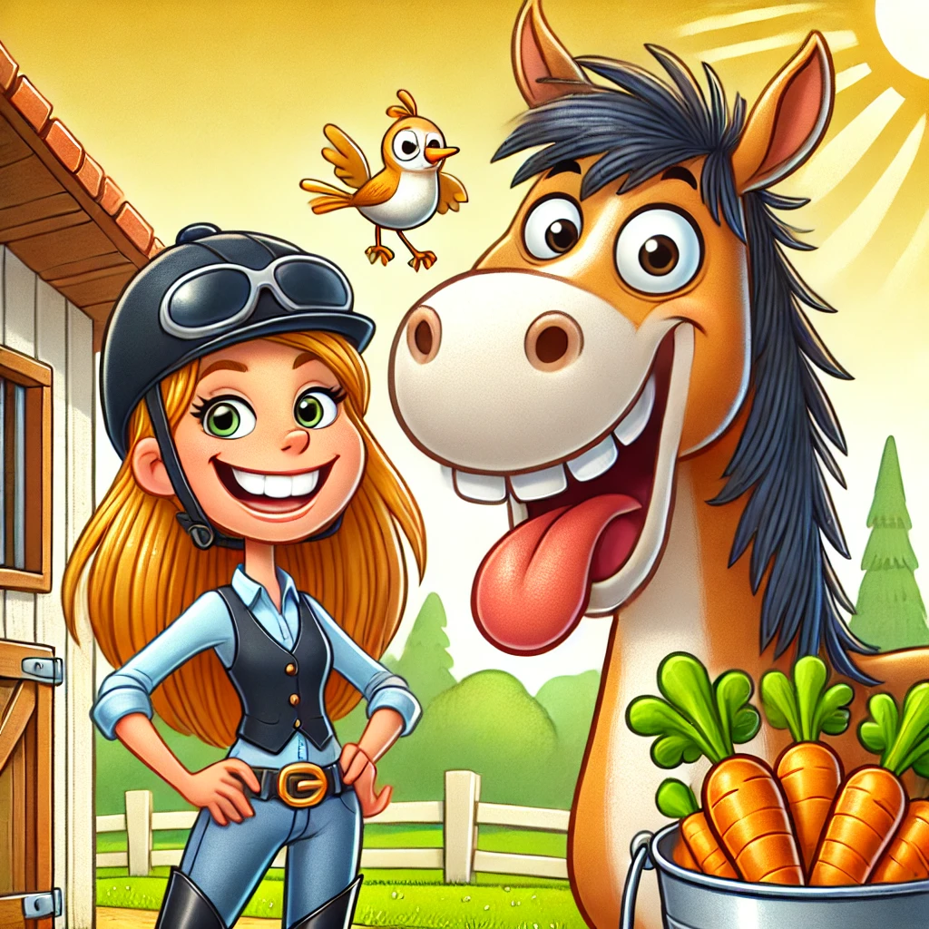 A funny cartoon style illustration of a cheerful young woman with her horse. The woman is dressed in casual riding gear smiling broadly while the ho